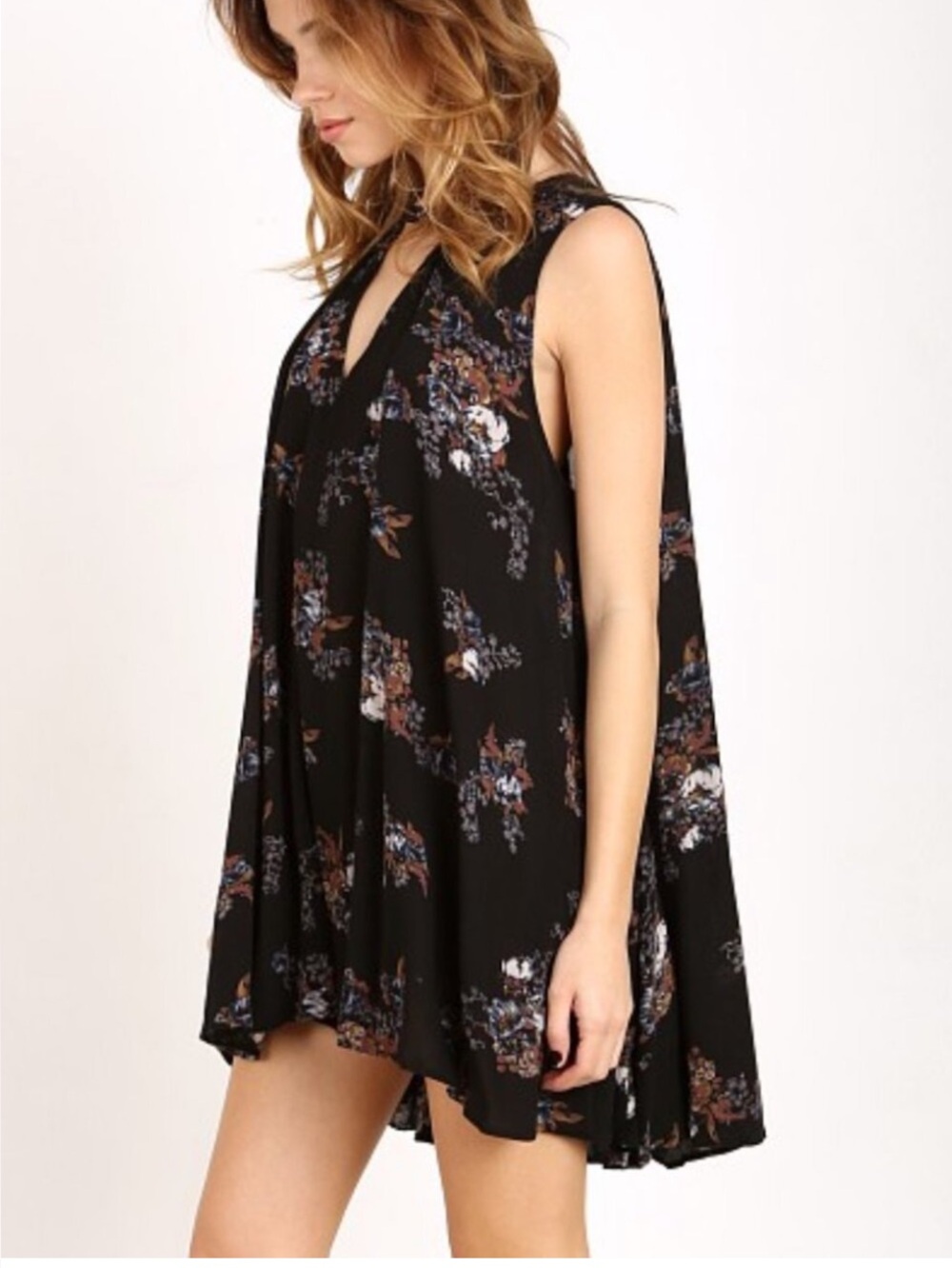 Free People | Snap Out Of It Floral High-Low Black Sleeveless Swing Dress Small